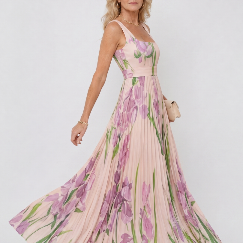 Robe Midi Sans Manches en Satin avec Décolleté Carré et Plis Élégants