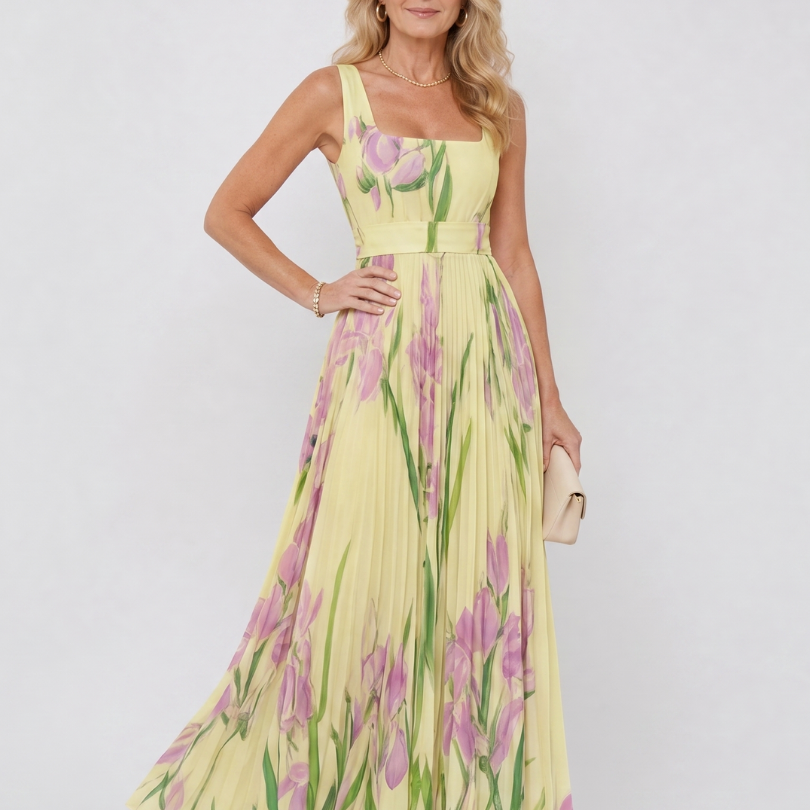 Robe Midi Sans Manches en Satin avec Décolleté Carré et Plis Élégants