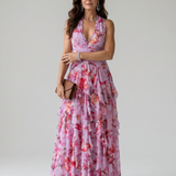 Dragana | Robe Maxi Fleurie à Bretelles avec Bodice Froncé