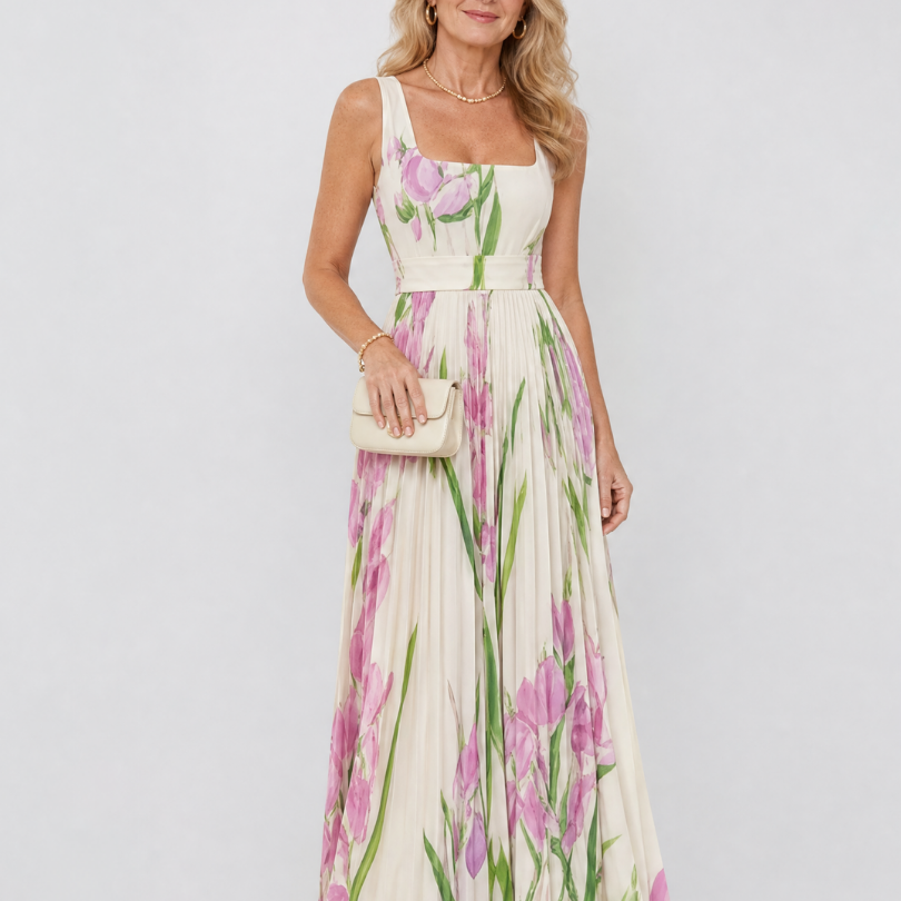 Robe Midi Sans Manches en Satin avec Décolleté Carré et Plis Élégants