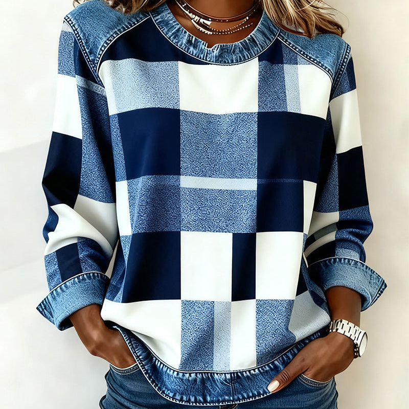 Oriane | Sweatshirt avec Patchwork à Carreaux et Couleur Contrastée
