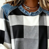 Oriane | Sweatshirt avec Patchwork à Carreaux et Couleur Contrastée