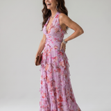Dragana | Robe Maxi Fleurie à Bretelles avec Bodice Froncé