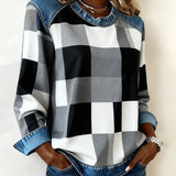 Oriane | Sweatshirt avec Patchwork à Carreaux et Couleur Contrastée