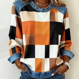 Oriane | Sweatshirt avec Patchwork à Carreaux et Couleur Contrastée
