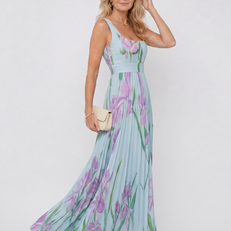 Robe Midi Sans Manches en Satin avec Décolleté Carré et Plis Élégants