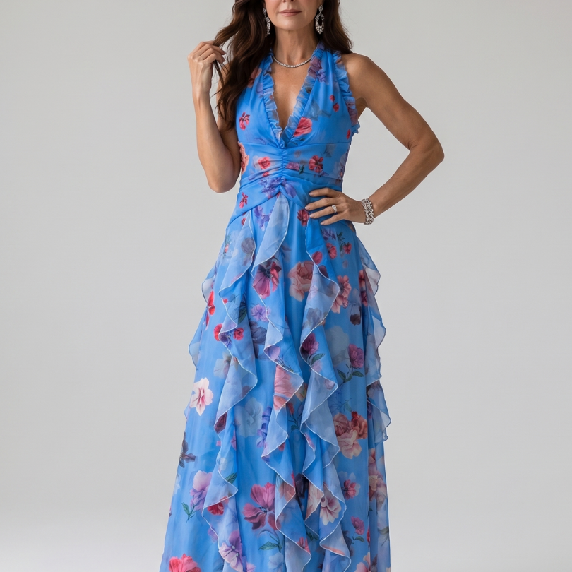Dragana | Robe Maxi Fleurie à Bretelles avec Bodice Froncé