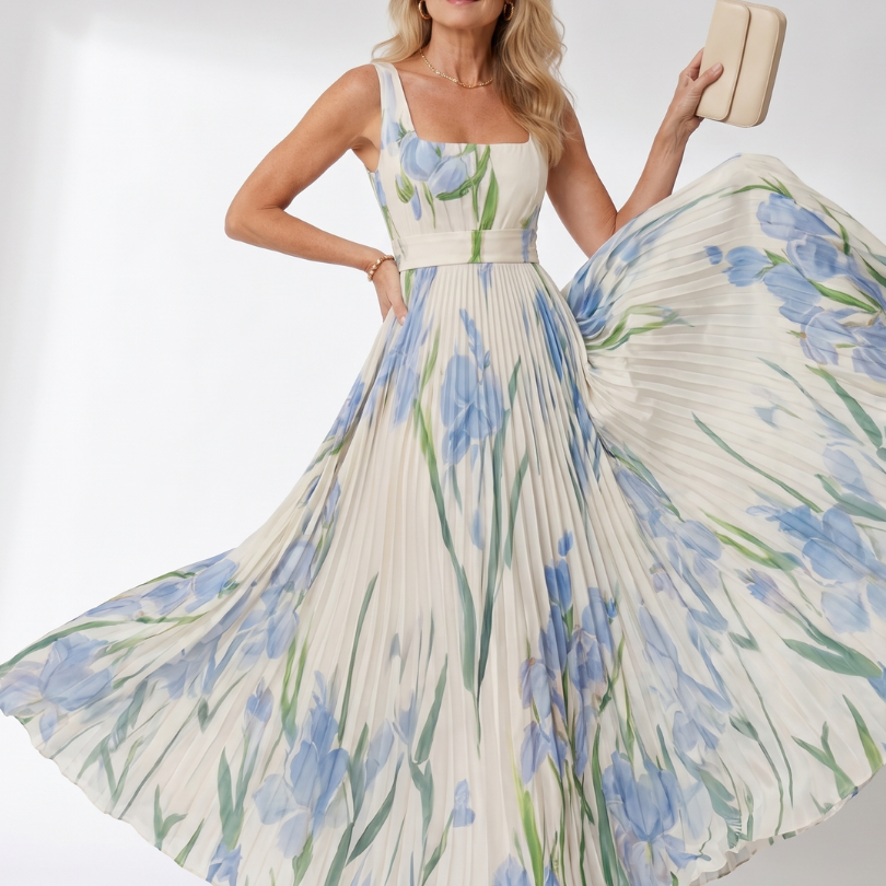 Robe Midi Sans Manches en Satin avec Décolleté Carré et Plis Élégants