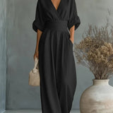 Robe Élégante en V, Dos Nu et Manches Fluides - Maison Claire et Sylvie