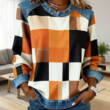 Oriane | Sweatshirt avec Patchwork à Carreaux et Couleur Contrastée