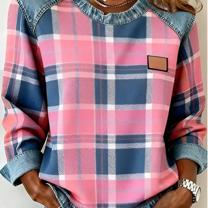 Arielle | Sweatshirt Femme en Denim à Patchwork Col Ronde